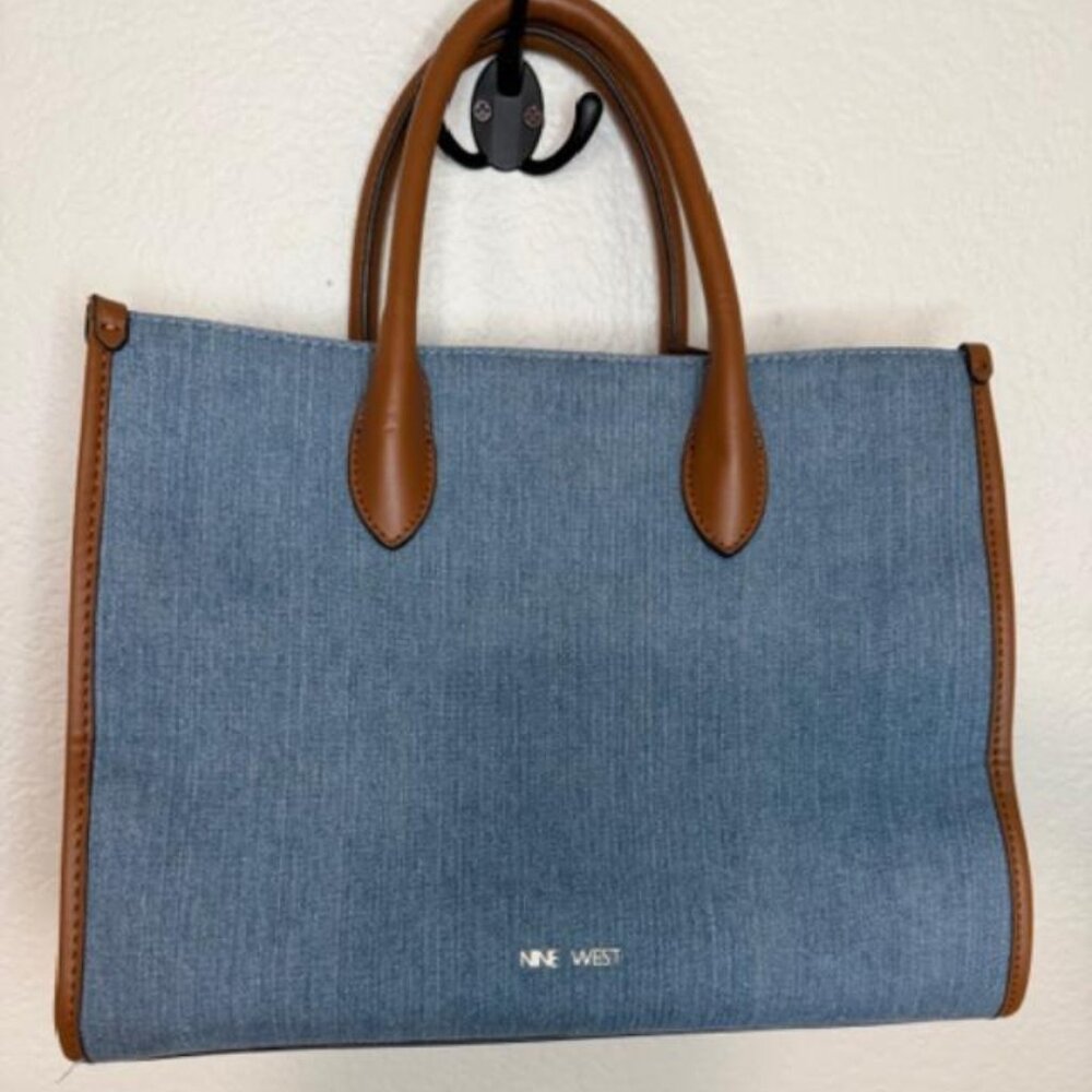 Nine West Denim Structured Western inspired Satchel Tote with Logo Strap